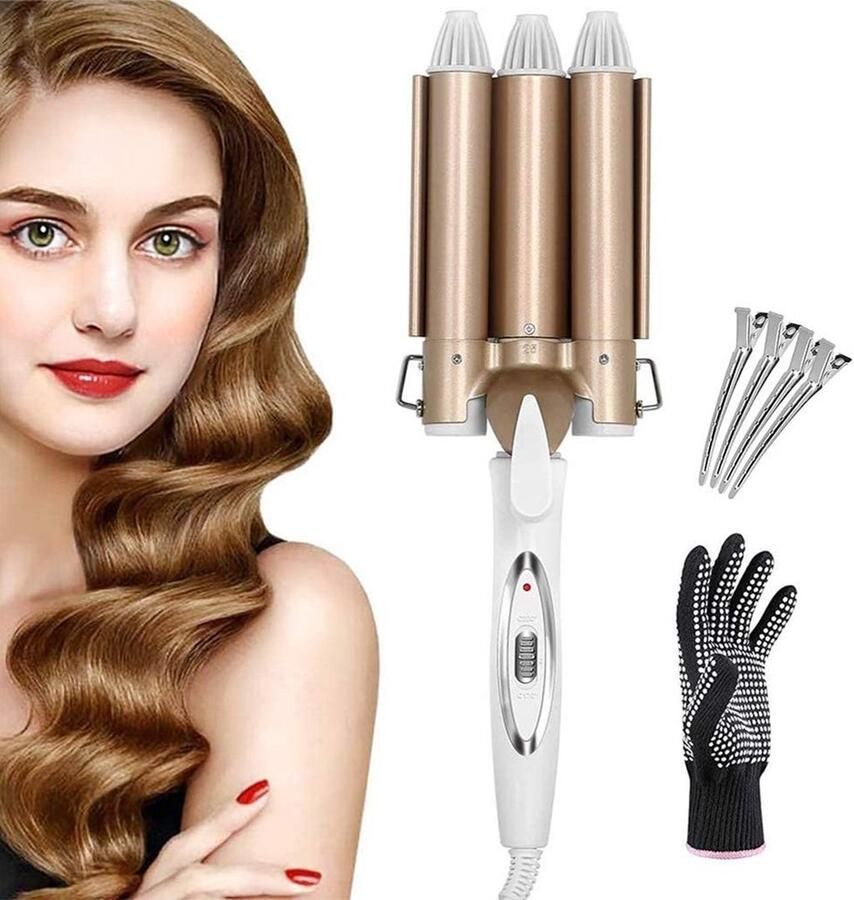 Veelkleurig Wafeltang – Wafeltang Voor Dik en Dun Haar – Wave Tang Voor krullen – Krultang met Handschoenen – Met Haarspelden Wit met Goud