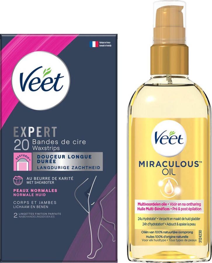 Veet Expert 1x Voedende Olie Miraculous Arganolie 1x Koude wasstrips Benen(Normaal) 20st Voordeelverpakking