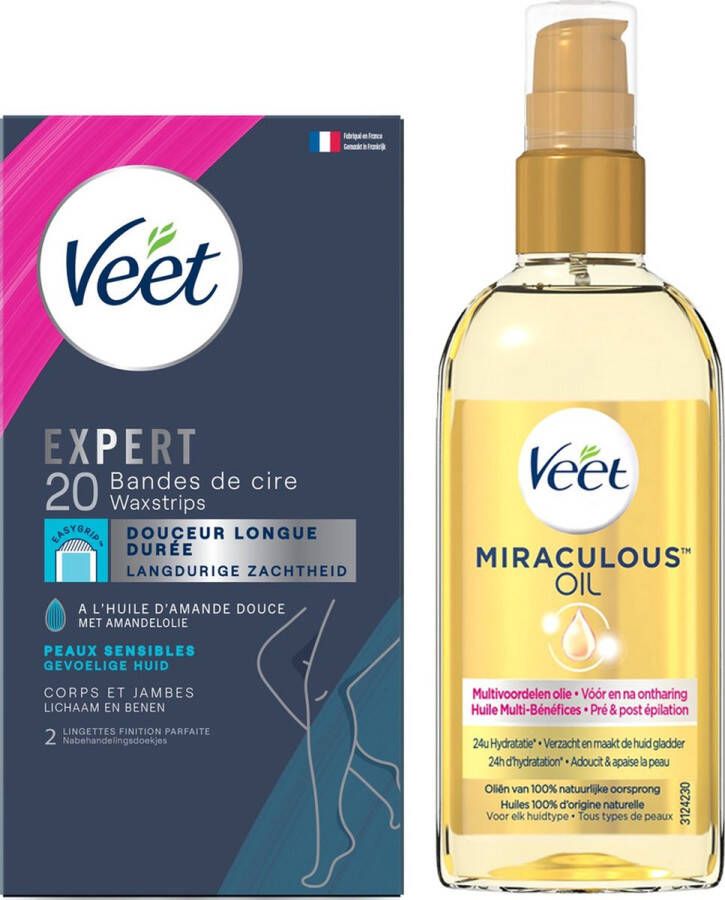 Veet Expert 1x Voedende Olie Miraculous Arganolie 1x Koude wasstrips Benen(Sensitive) 20st Voordeelvepakking