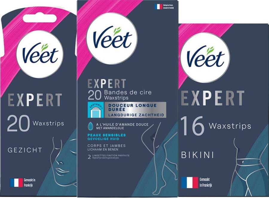 Veet Expert Gevoelige huid Ontharingsstrips Benen (sensitive) 20st Ontharingsstrips Bikini 16st Ontharingsstrips Gezicht 20st