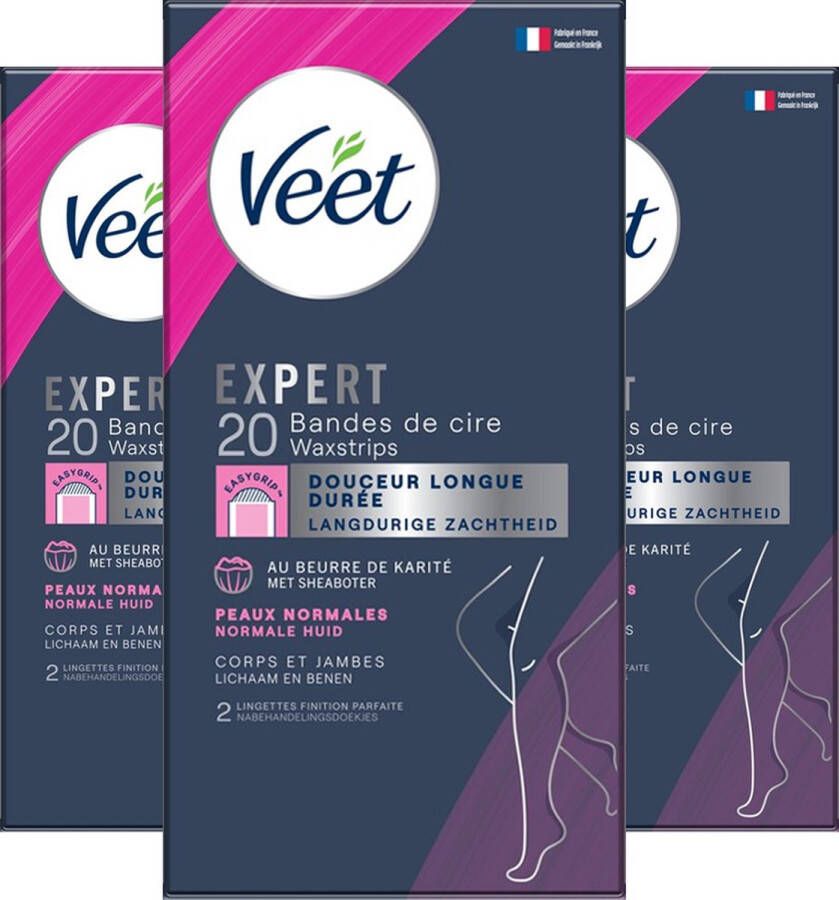 Veet Expert Ontharingsstrips Lichaam & benen Normale huid 20 stuks 3 stuks Voordeelverpakking