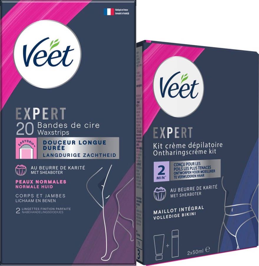 Veet Expert Alle huidtypes Ontharingsstrips Benen (Normal) 20st Ontharingscreme met sheaboter Bikini Kit 100ml (2 x 50ml)