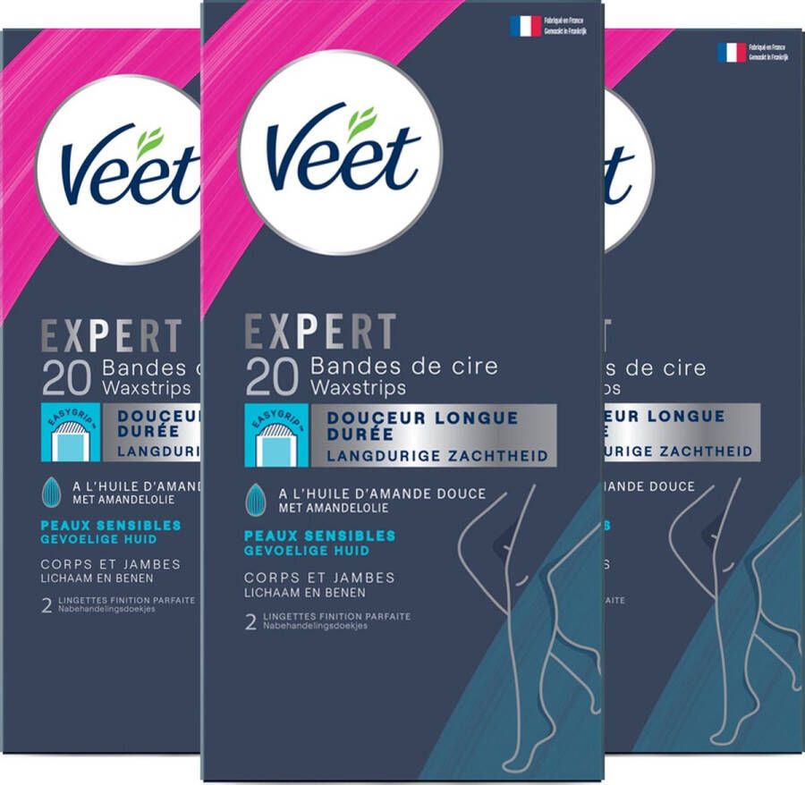 Veet Expert Ontharingsstrips Lichaam & benen Gevoelige huid 20 stuks 3 stuks Voordeelverpakking