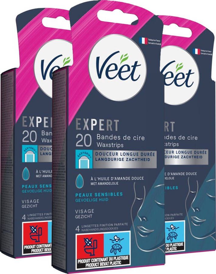 Veet Expert Ontharingsstrips Gezicht Gevoelige huid 20 stuks 3 stuks Voordeelverpakking