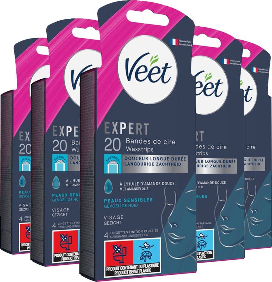 Veet Expert Ontharingsstrips Gezicht Gevoelige huid 20 stuks 5 stuks Voordeelverpakking