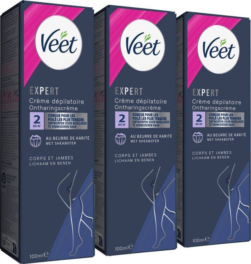 Veet Expert Ontharingscreme met sheaboter Lichaam & benen Alle huidtypes 100ml 3 stuks Voordeelverpakking