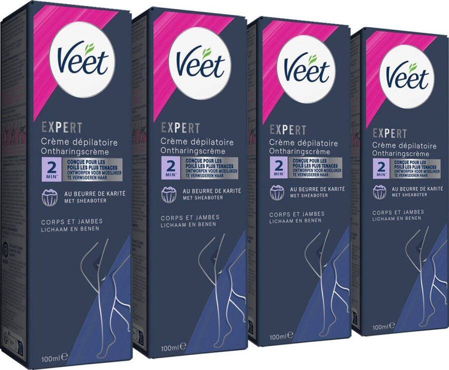 Veet Expert Ontharingscreme met sheaboter Lichaam & benen Alle huidtypes 100ml 4 stuks Voordeelverpakking