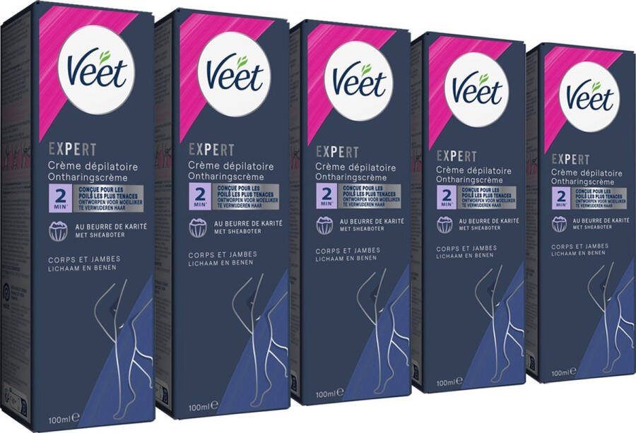 Veet Expert Ontharingscreme met sheaboter Lichaam & benen Alle huidtypes 100ml 5 stuks Voordeelverpakking