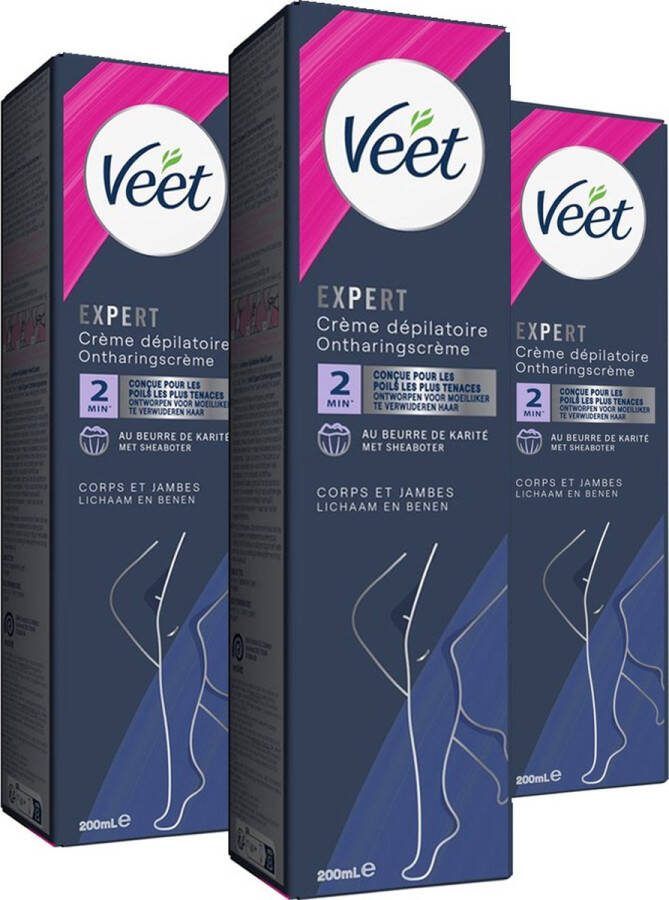 Veet Expert Ontharingscreme met sheaboter Lichaam & benen Alle huidtypes 200ml 3 stuks Voordeelverpakking