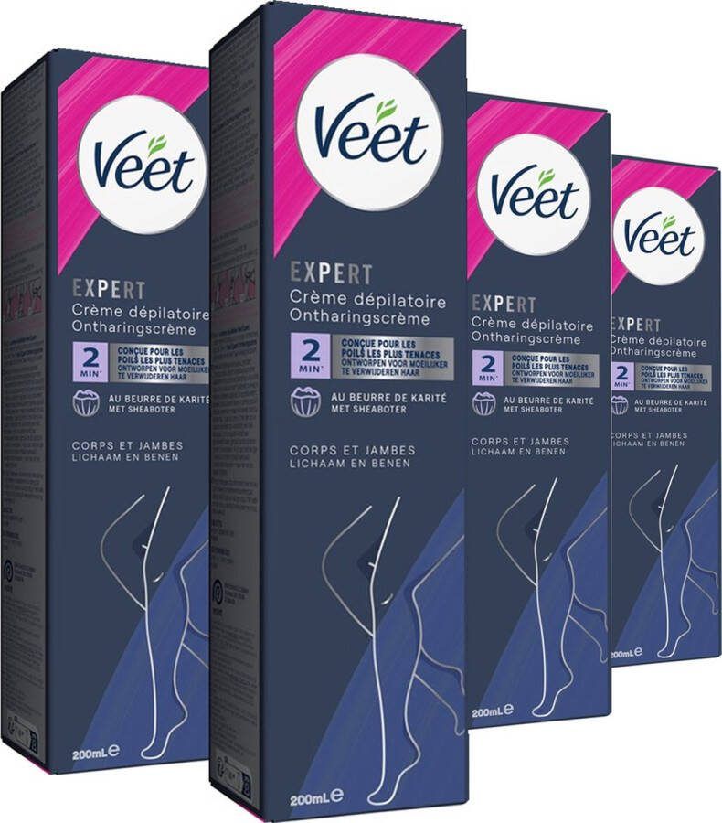 Veet Expert Ontharingscreme met sheaboter Lichaam & benen Alle huidtypes 200ml 4 stuks Voordeelverpakking