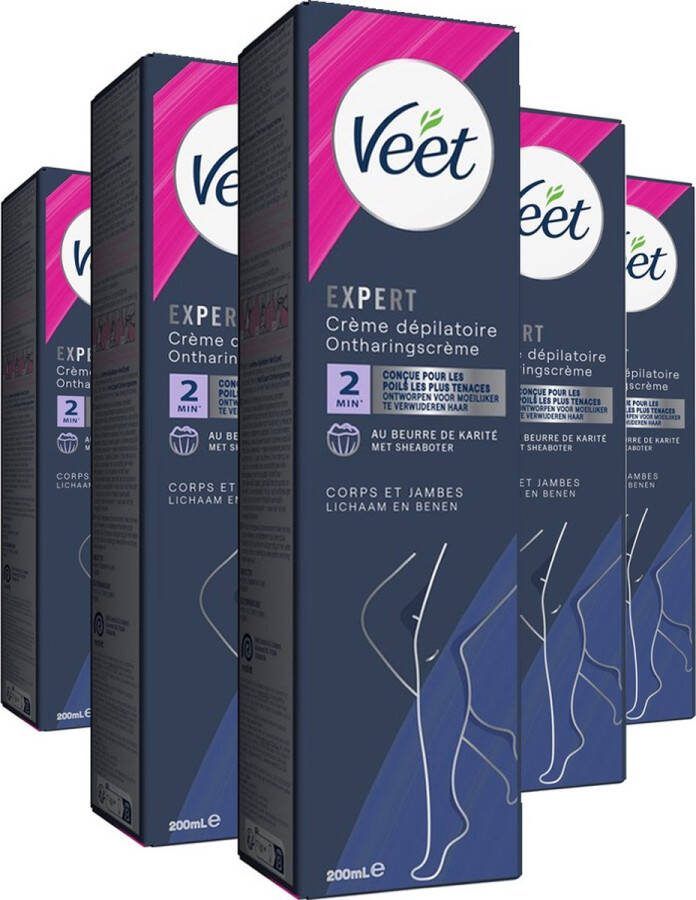 Veet Expert Ontharingscreme met sheaboter Lichaam & benen Alle huidtypes 200ml 5 stuks Voordeelverpakking