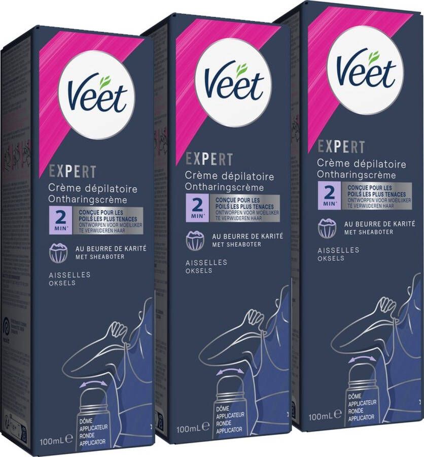 Veet Expert Ontharingscreme met applicator Oksels Alle huidtypes 100ml 3 stuks Voordeelverpakking