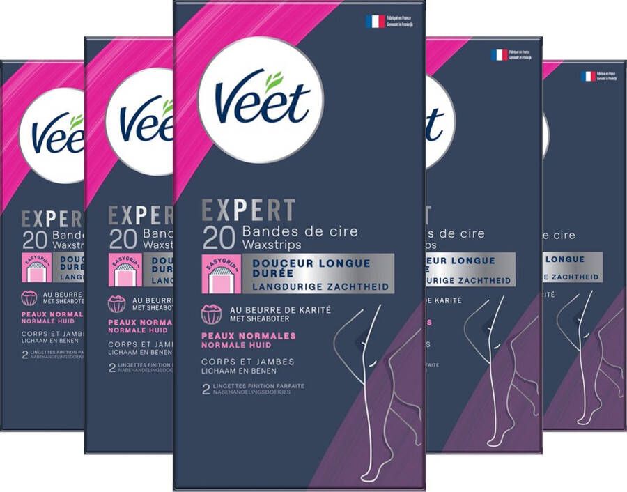 Veet Expert Ontharingsstrips Lichaam & benen Normale huid 20 stuks 5 stuks Voordeelverpakking