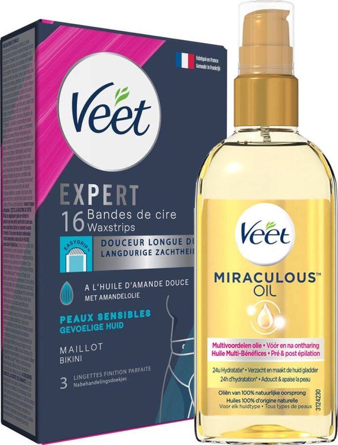 Veet Hydraterend Ontharings Pakket Ontharingsstrips Bikini 16st Miraculous oil Multivoordelen olie vóór en na ontharing
