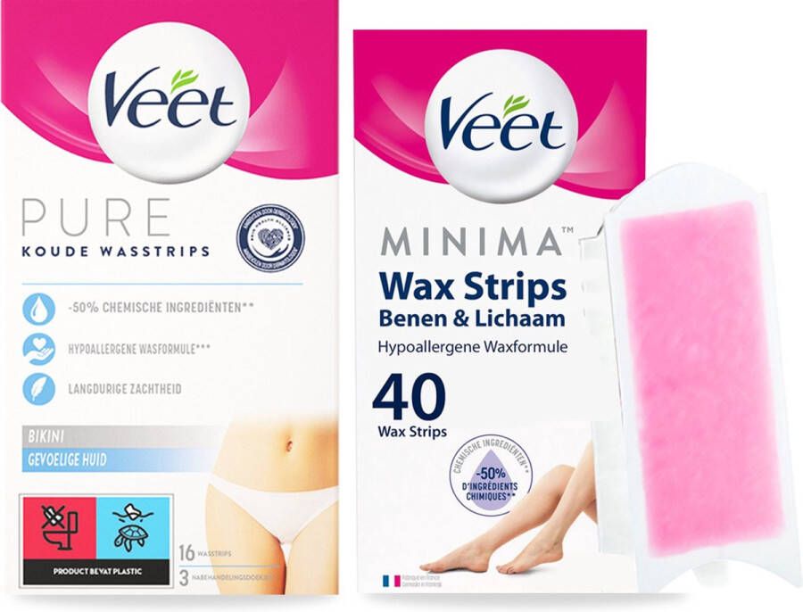 Veet Pure -Koude Wasstrips Benen Hypoallergene 40 st Veet Pure Koude Wasstrips Bikini Hypoallergene 16 st Voordeelverpakking