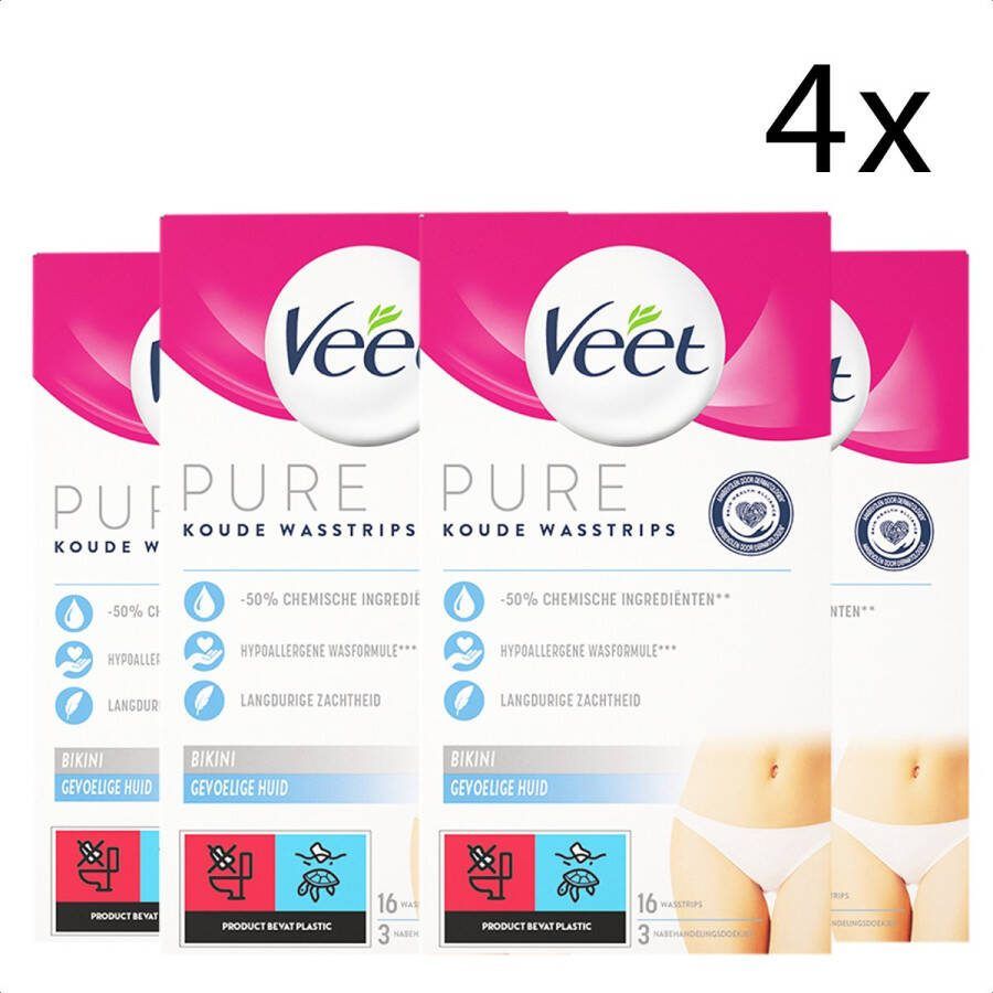 Veet Pure Ontharingsstrips Bikinilijn Gevoelige huid 16 stuks x4