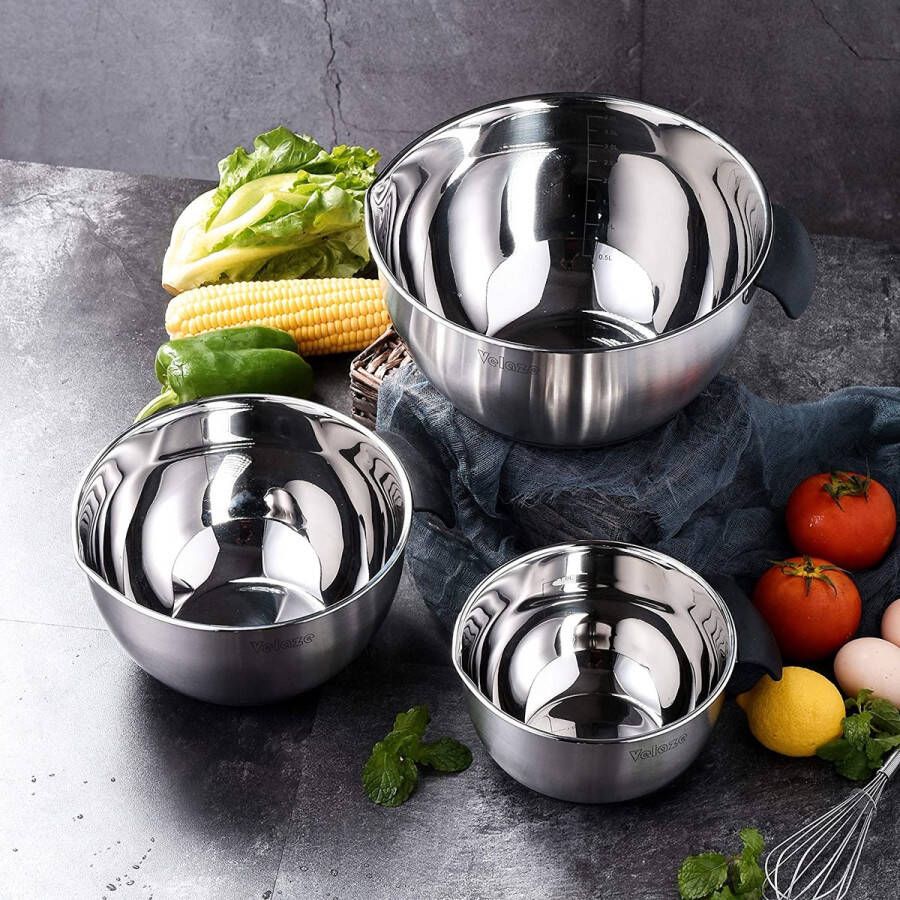 Velaze Mengkommen Set van 3 Roestvrijstalen Saladeschalen met Handvat Schaal Voor Granen met Schaalverdeling Antislip Siliconen Bodem