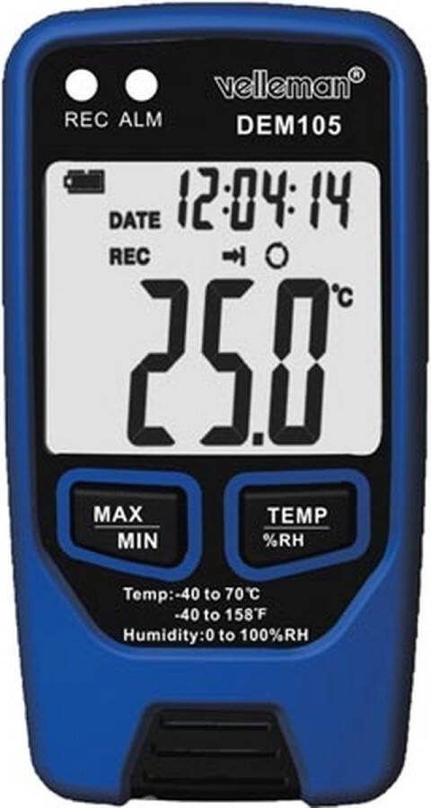 Velleman Datalogger meet temperatuur en vochtigheid USB LCD-display luid alarm lange batterijduur