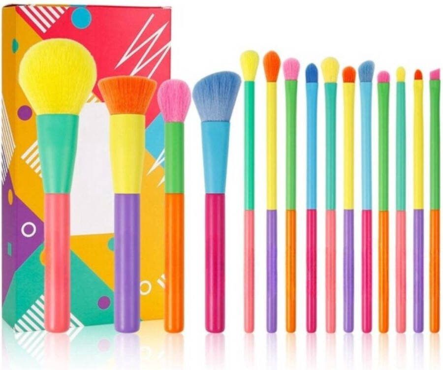 Velox Professionele make up kwasten set 15 delig Met foundation kwast Met poeder kwast Met oogschaduw kwast Kleurrijk Vegan