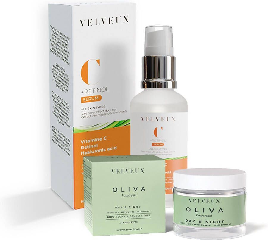 Velveux (Basis bundel) Oliva Face Cream & Vit C en Retinol Serum moisturizer skincare dagcreme nachtcreme gezichtsverzorging vitamine c gezichtscreme