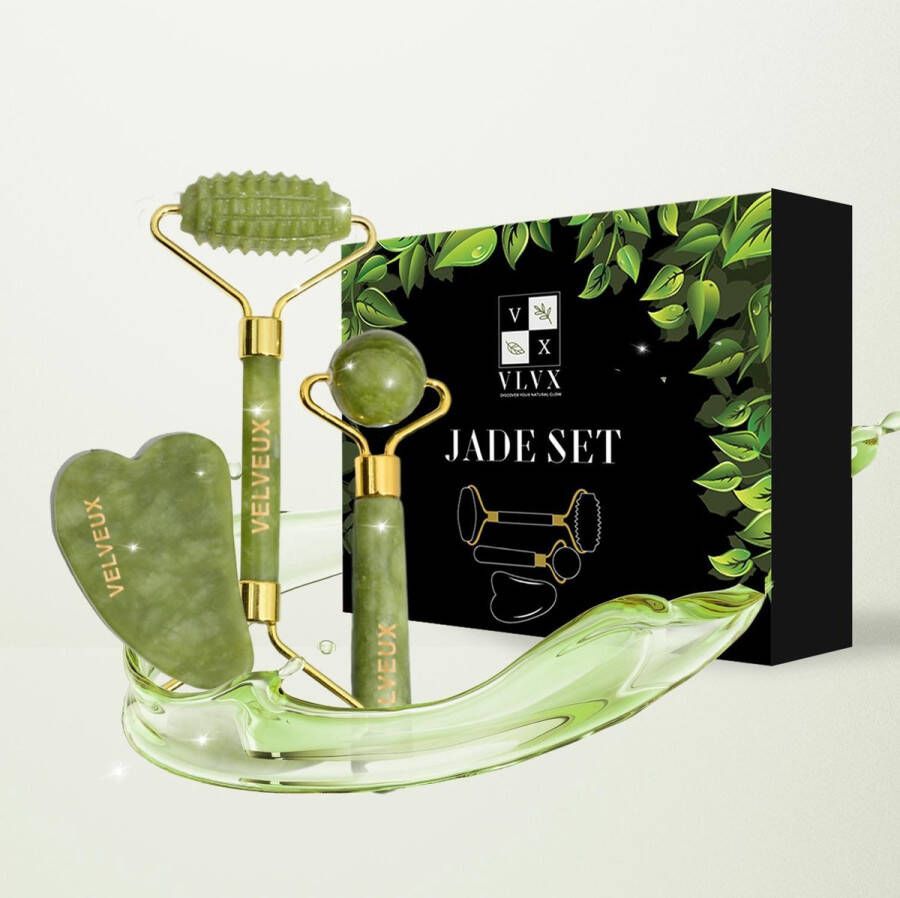 Velveux Gua sha Jade steen gezichtsroller 4 delige set cadeau voor vrouw geschenkset vrouwen jade roller gezichtsmassage kerstcadeau voor vrouwen