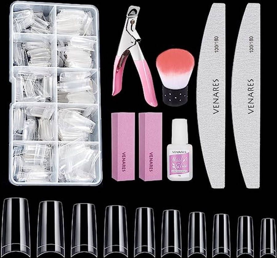 Venares Nageltips voor gelnagels 500 stuks acryl kunstnagels 10 maten nageltips met lijm nagels vijlen nagelbufferblok nagelborstel nagelknipper (transparant)