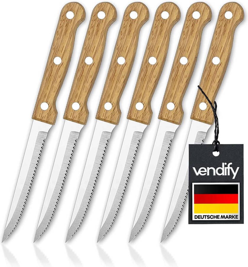 Vendify Premium steakmessen set van 6 met houten handvat roestvrij stalen pizzames scherp roestvrij bestekset gekarteld vleesmes