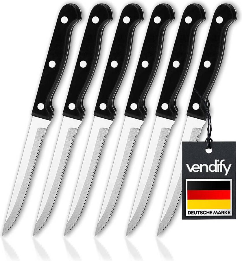 Vendify Premium steakmessen set van 6 scherpe roestvrij stalen pizzames vaatwasmachinebestendig roestvrije bestekset gekartelde vleesmessen