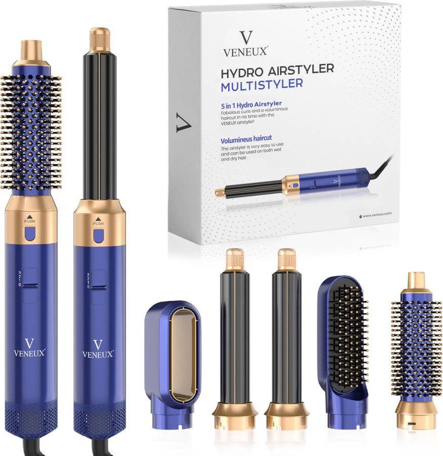 VENEUX Föhnborstel Airstyler Krulborstel Krultangen 5 in 1 Multistyler – Blauw Met Goud