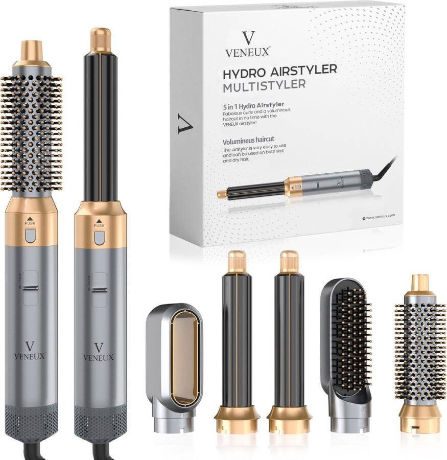 VENEUX Föhnborstel Airstyler Krulborstel Krultangen 5 in 1 Multistyler – Grijs Met Goud
