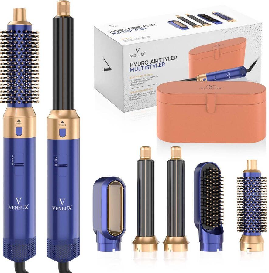 VENEUX Föhnborstel Airstyler Krulborstel Krultangen 5 in 1 Multistyler Met Opbergcase Blauw Met Goud