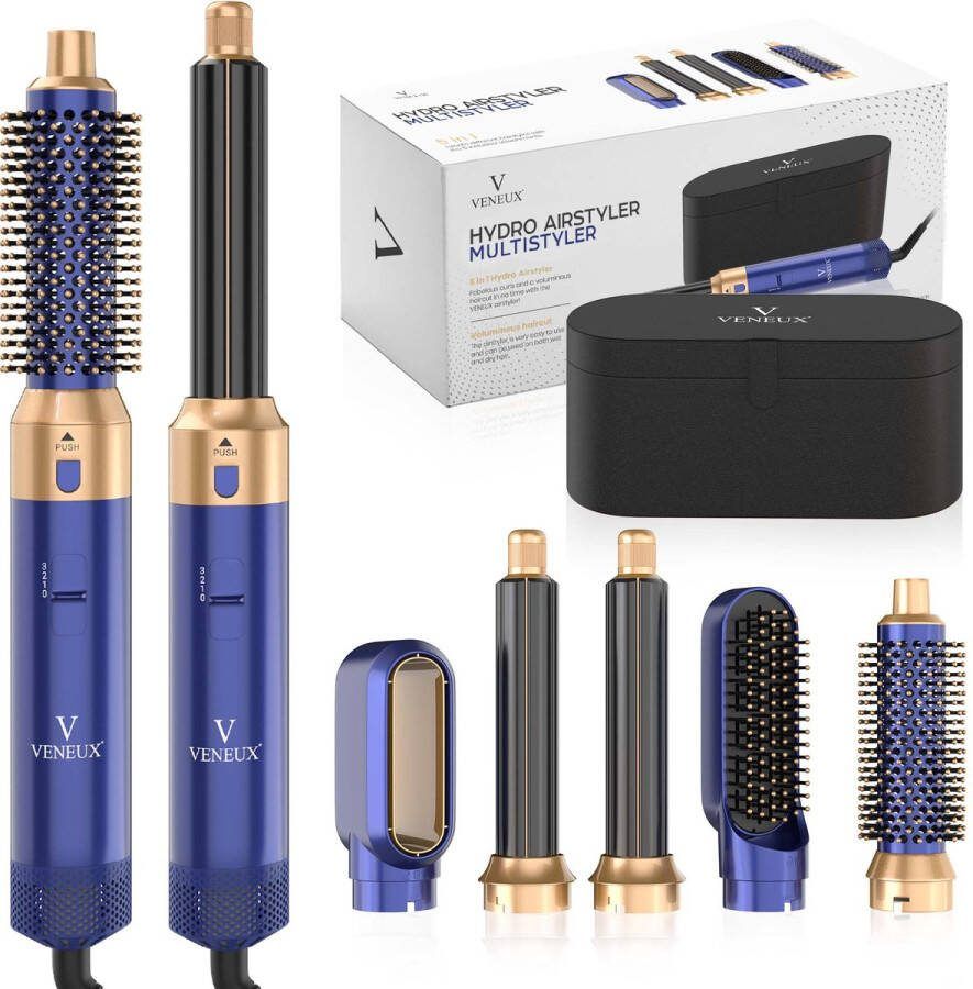 VENEUX Föhnborstel Airstyler Krulborstel Krultangen 5 in 1 Multistyler Met Opbergcase Blauw Met Goud