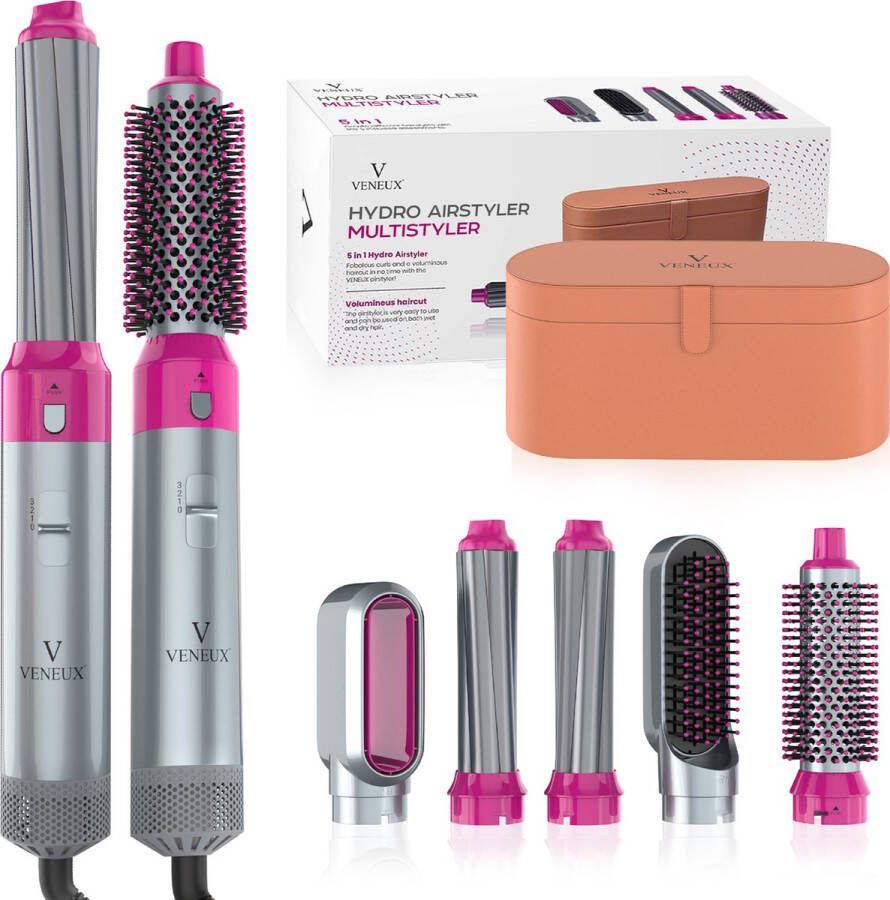 VENEUX Föhnborstel Airstyler Krulborstel Krultangen 5 in 1 Multistyler Met Opbergcase Grijs