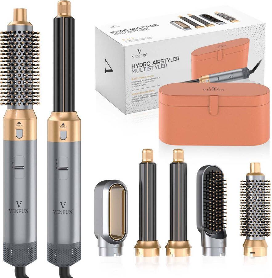 VENEUX Föhnborstel Airstyler Krulborstel Krultangen 5 in 1 Multistyler Met Opbergcase Grijs Met Goud