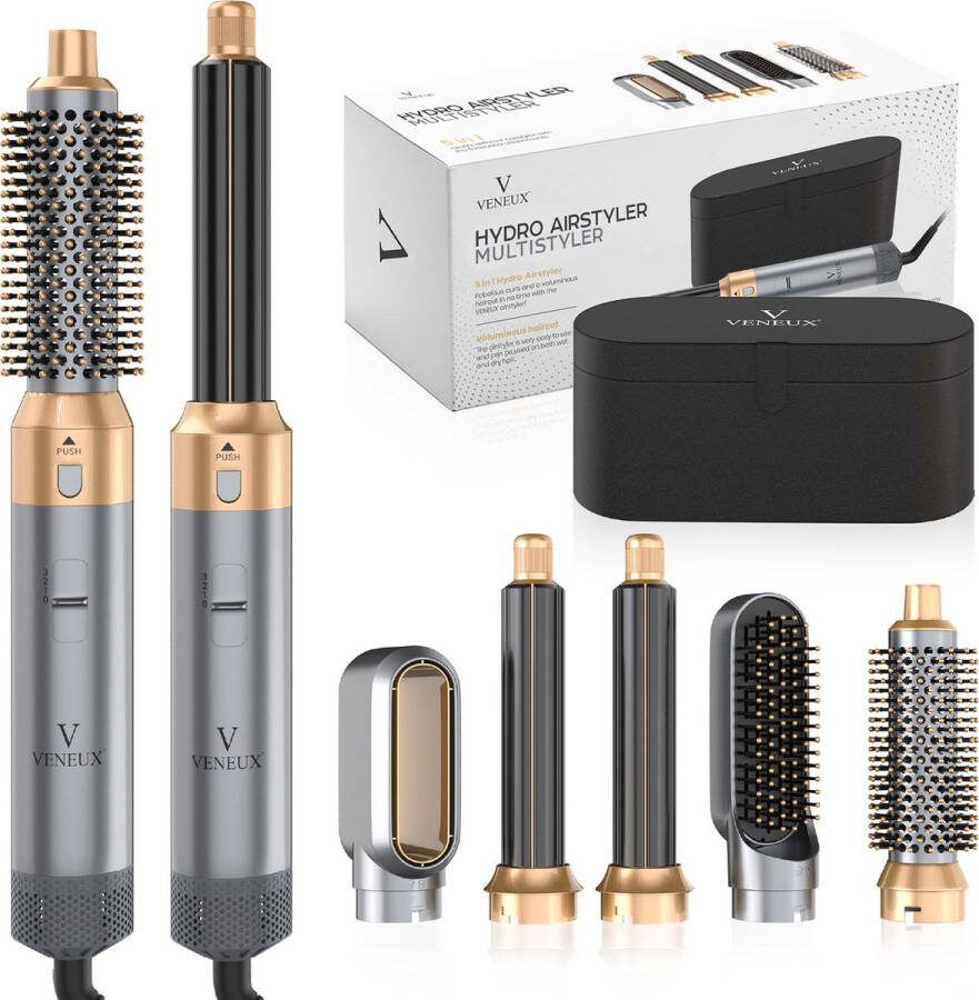 VENEUX Föhnborstel Airstyler Krulborstel Krultangen 5 in 1 Multistyler Met Opbergcase Grijs Met Goud