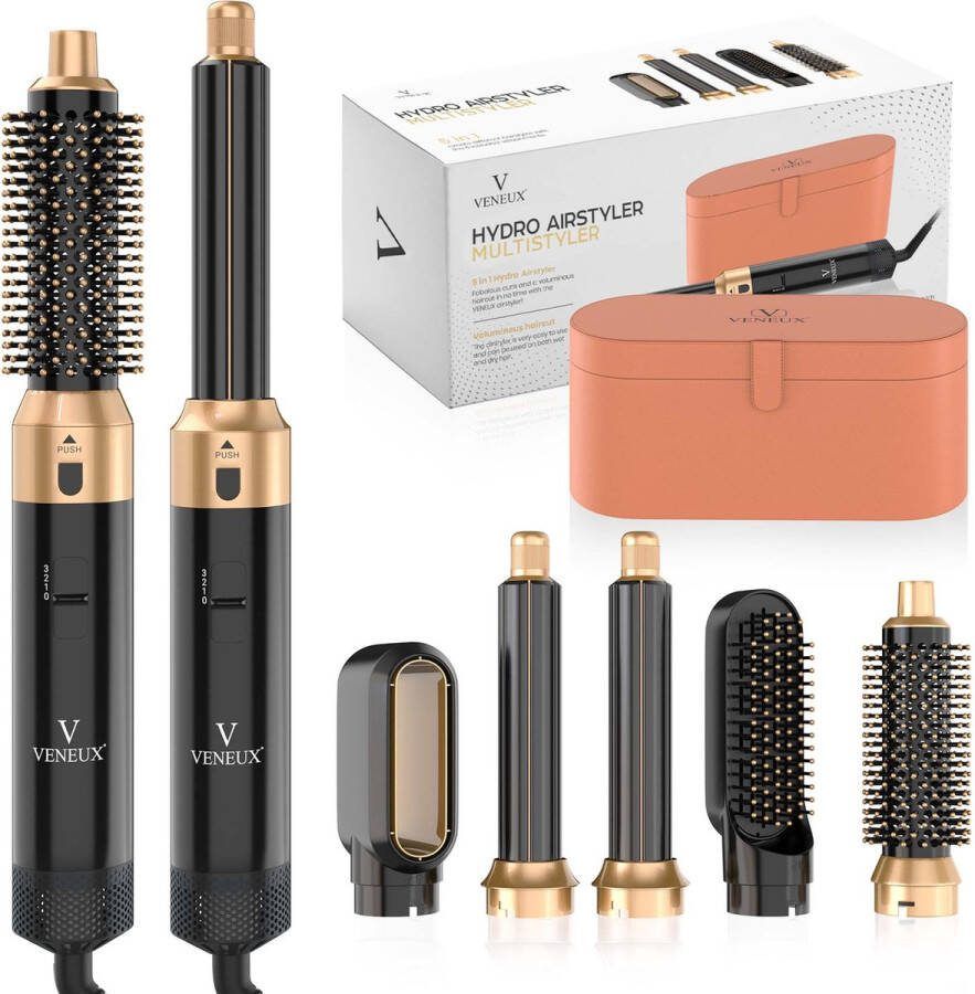 VENEUX Föhnborstel Airstyler Krulborstel Krultangen 5 in 1 Multistyler Met Opbergcase Zwart Met Goud
