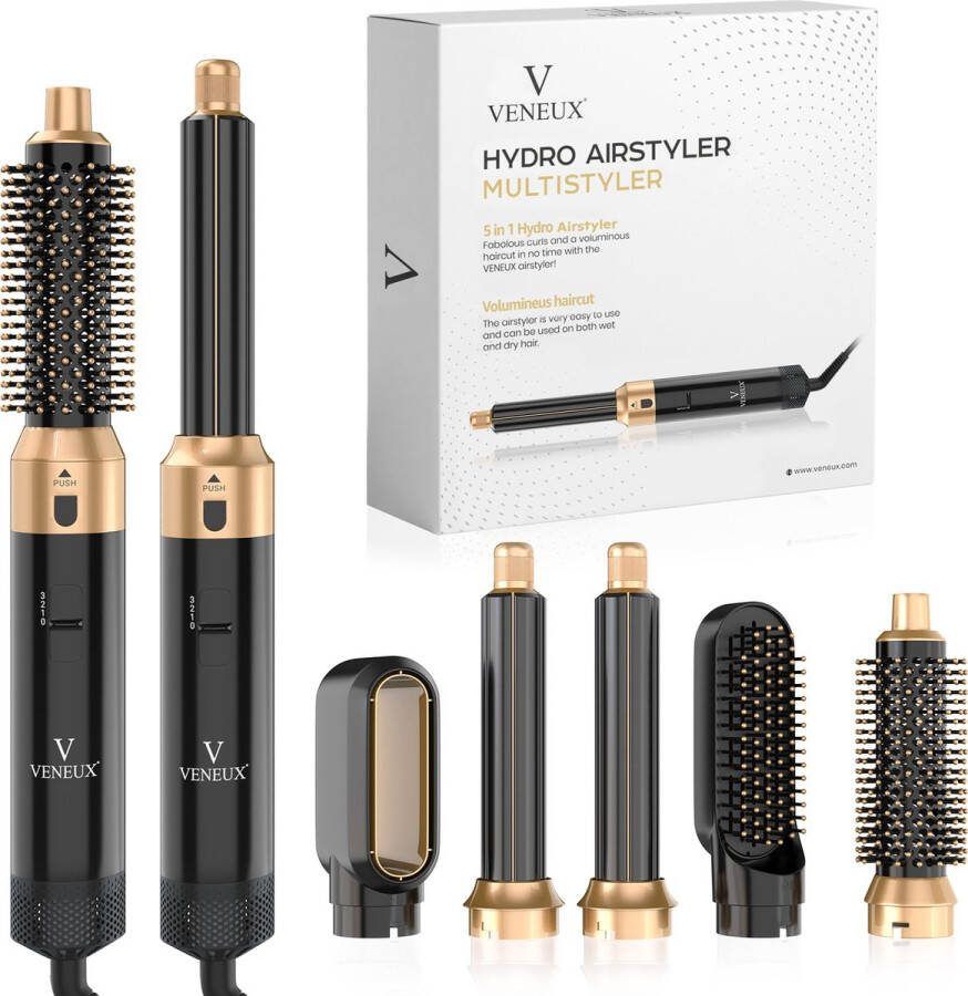 VENEUX Föhnborstel Airstyler Krulborstel Krultangen 5 in 1 Multistyler – Zwart Met Goud
