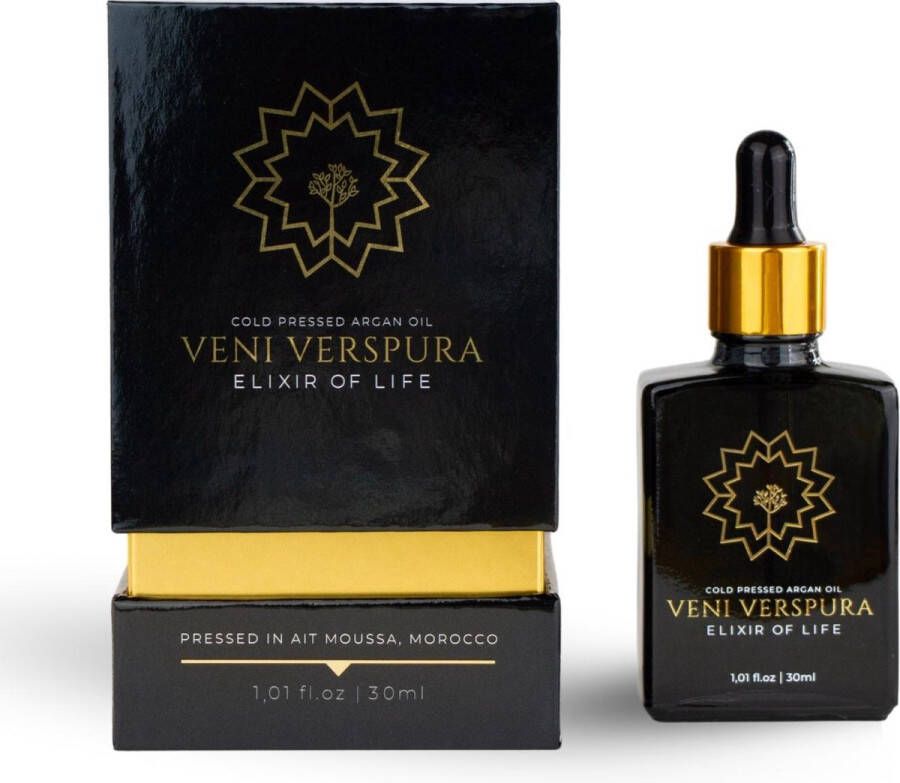 Veni Verspura Elixir of Life 30ml Arganolie Puur & Koudgeperst Voor gezicht huid en haar Hydraterend Bio & Vegan Vitamine E voor droge huid Lichaamsolie Huidolie Haarolie Argan