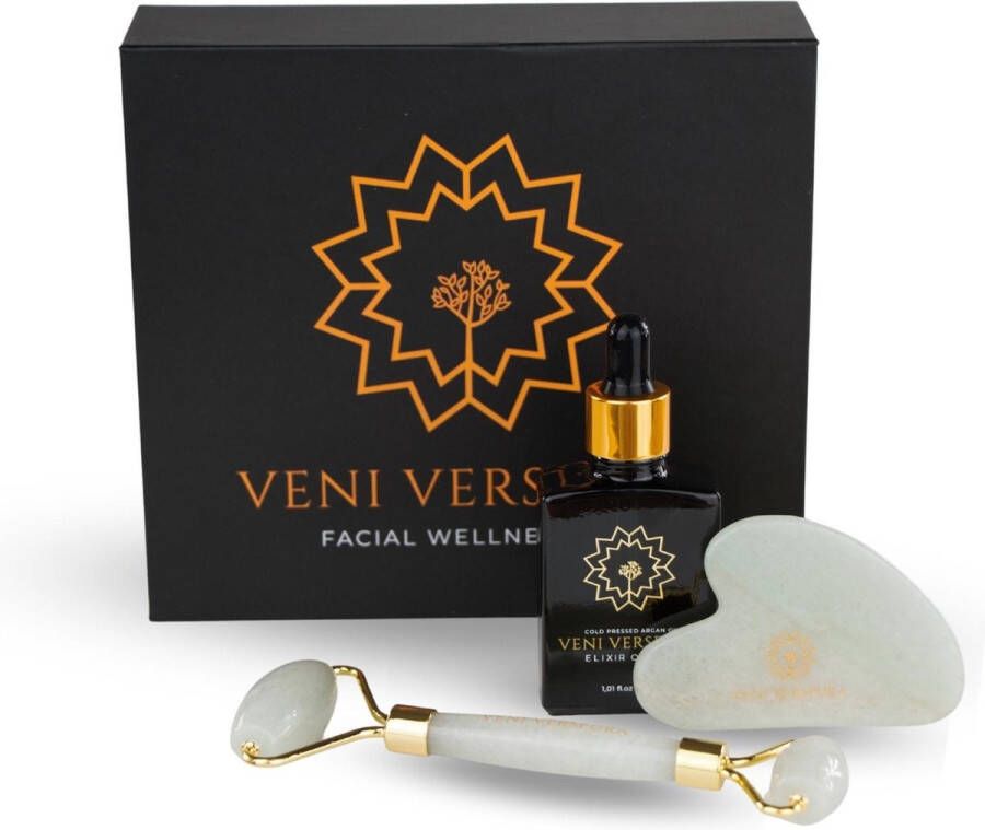 Veni Verspura Facial Wellness Kit Geschenkset voor vrouwen Giftbox Cadeauset Gua Sha Jade Roller & Jade Steen Elixir of Life 30ml Huidserum Pure Arganolie Huidverjonging Natuurlijk Bio Vegan