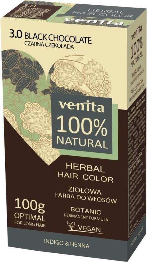 Venita 100% NATURAL BIO ORGANIC Henna HERBAL BOTANICAL PERMANENT VEGAN Haarverf 3.0 Zwart Black Chocolate 100g