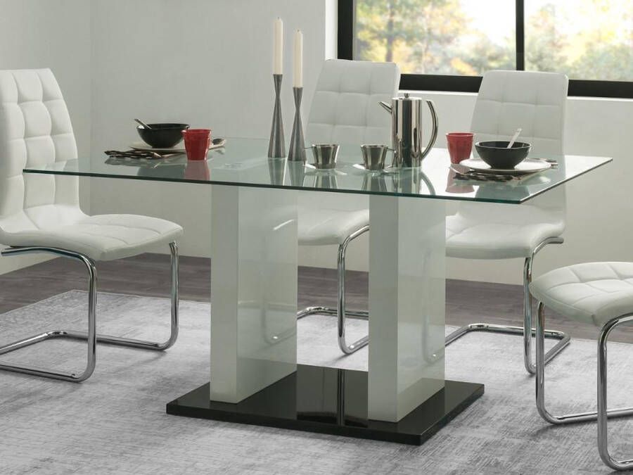 Merkloos Sans marque Eettafel SAMIRA 6 personen Gehard glas en wit gelakt MDF L 150 cm x H 74 cm x D 90 cm