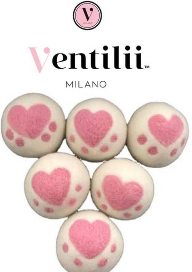 Ventilii Milano XL drogerballen 6 stuks (7cm) met roze hartje van schapenwol wasdroger drogerbol droger bal bol