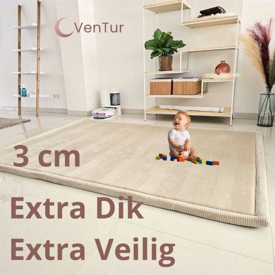VenTur Speelmat 200 x 150cm 3cm Extra Dik en Zacht Beige Extra Veilig voor Kinderen Modern Duurzaam Design Grote Babymat Extra Dikke Antislip Speelmat Kindermat Speeltapijt Speel mat Opvouwbaar Anti-slip Geheugenschuim