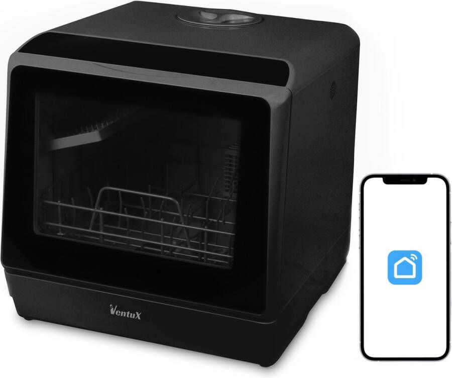 Ventux Mini Vaatwasser Incl. App – Afwasmachine – 5 Programma s – 900 Watt – 42 5 x 42 8 x 45 8 cm Zwart