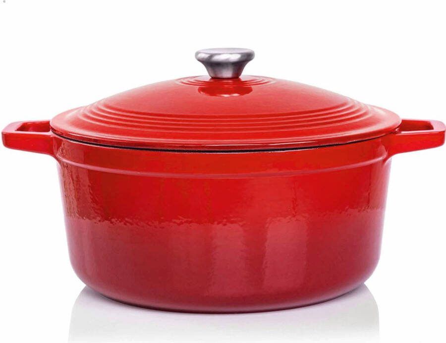 VeoHome Braadpan en Stoofpot 6L- 28cm Rode Lava Geëmailleerde Gietijzeren Compatibel met Alle Kookoppervlakken Inclusief Inductie