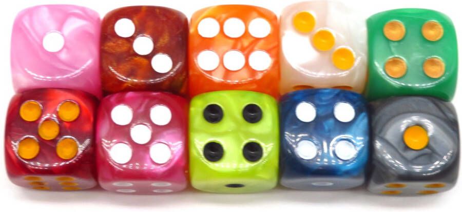 Vera's Arts & Dice 10 Pearl D6's Pips Dice Dobbelstenen Set Van 10 Stuks Parelmoer Verschillende Kleuren en Stippen D&D en Rollenspellen Dobbelstenen Dungeons and Dragons Zwarte Velvet Dice Bag