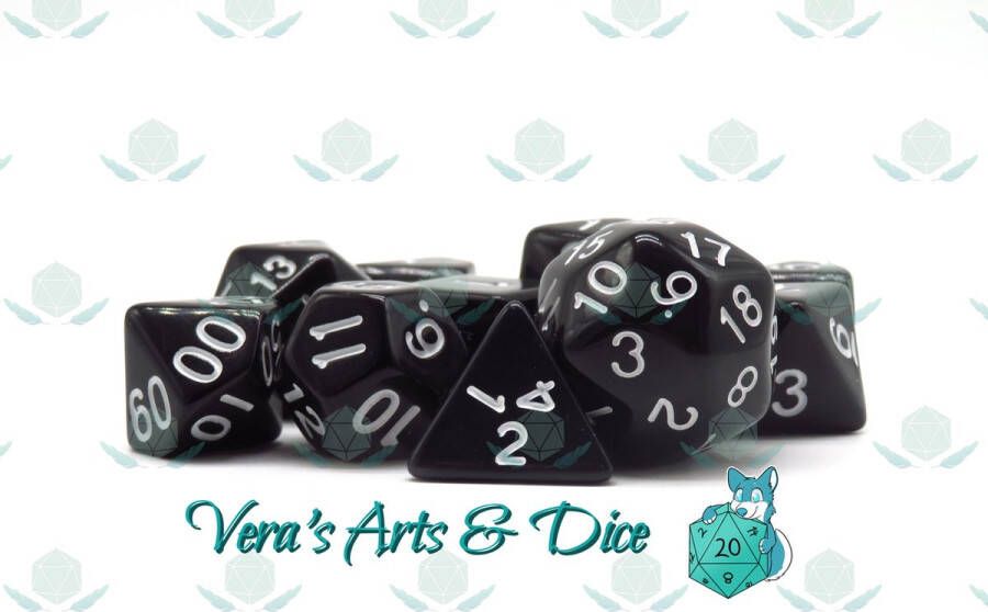 Vera's Arts & Dice 10 Piece Black Hole Polyset Dice Plus Dobbelstenen Set Van 10 Stuks (extra D10 D24 D30) Zwart en Witte Cijfers Polydice D&D Rollenspellen Dobbelstenen Dungeons and Dragons Zwarte Velvet Dice Bag