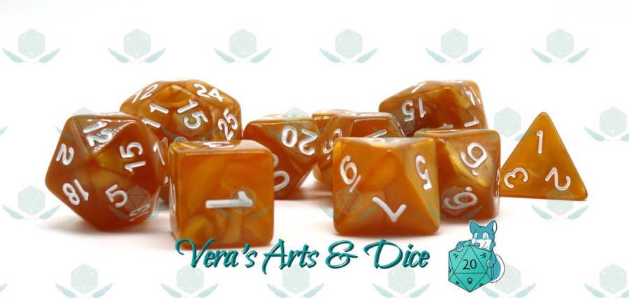 Vera's Arts & Dice 10 Piece Citrine Polyset Dice Plus Dobbelstenen Set Van 10 Stuks (extra D10 D24 D30) Parelmoer Bruin met Witte Cijfers Polydice D&D Rollenspellen Dobbelstenen Dungeons and Dragons Zwarte Velvet Dice Bag