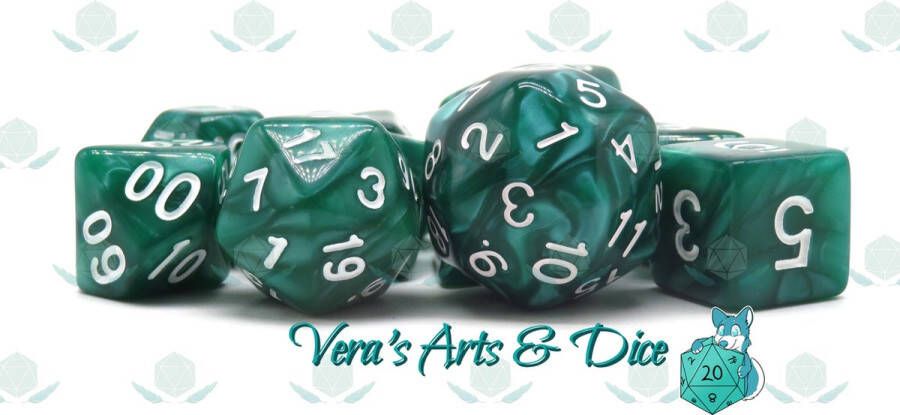 Vera's Arts & Dice 10 Piece Diopside Polyset Dice Plus Dobbelstenen Set Van 10 Stuks (extra D10 D24 D30) Parelmoer Groen met Witte Cijfers Polydice D&D Rollenspellen Dobbelstenen Dungeons and Dragons Zwarte Velvet Dice Bag