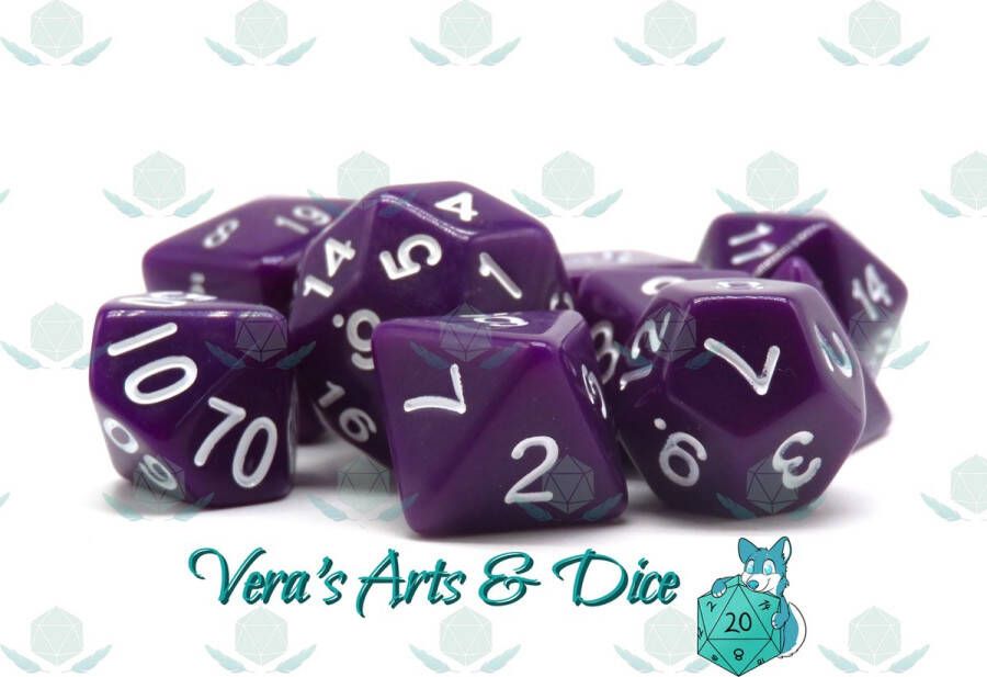 Vera's Arts & Dice 10 Piece Eggplant Polyset Dice Plus Dobbelstenen Set Van 10 Stuks (extra D10 D24 D30) Paars en Witte Cijfers Polydice D&D Rollenspellen Dobbelstenen Dungeons and Dragons Zwarte Velvet Dice Bag